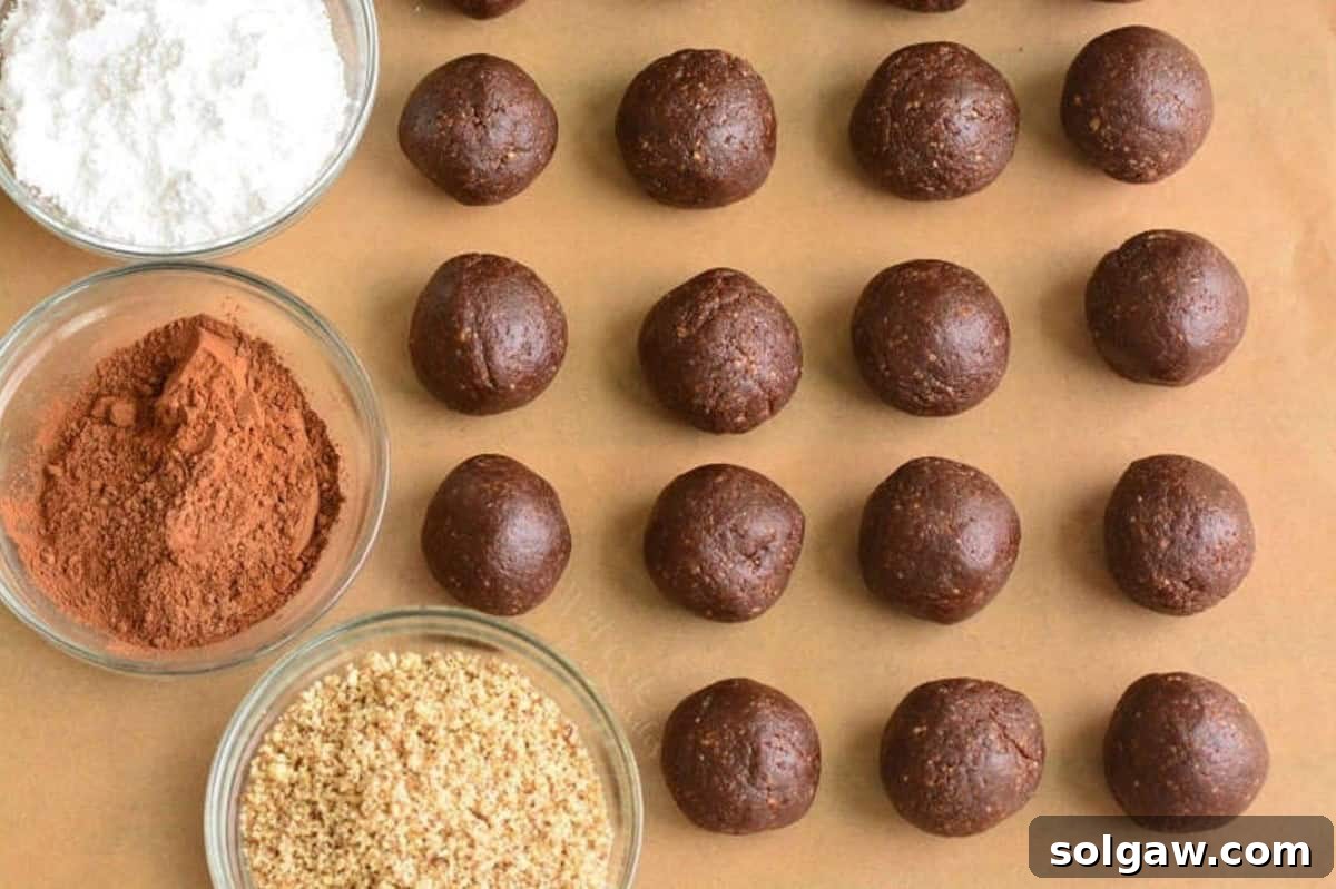 Heavenly Homemade Rum Balls 6 Rolled rum balls presented alongside three small bowls of topping options: powdered sugar, cocoa powder, and crushed nuts.