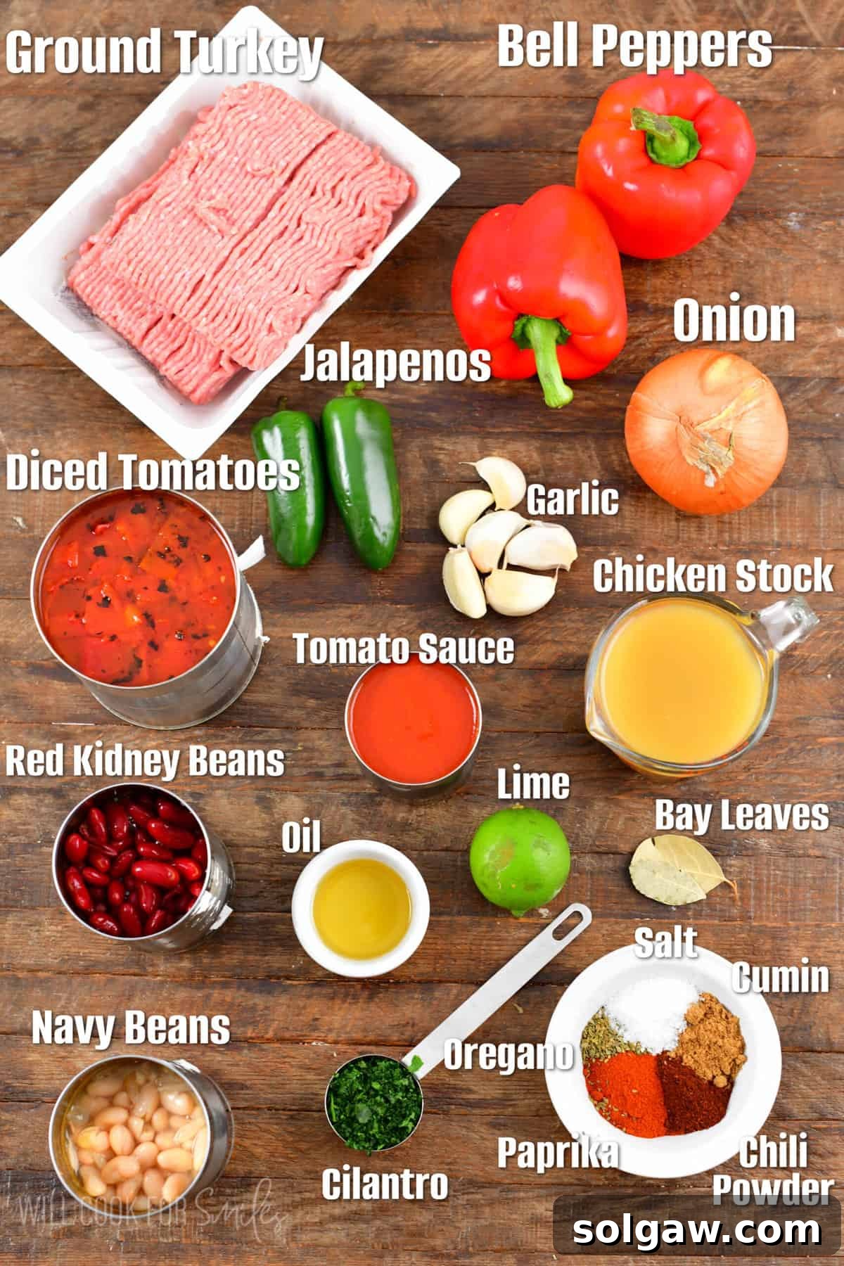 A vibrant selection of fresh ingredients laid out on a wooden surface, ready for making turkey chili.