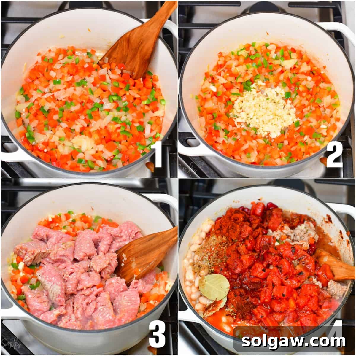 A step-by-step collage showcasing vegetables cooking in a Dutch oven, ground turkey being added, and finally, spices and tomatoes mixing into the chili base.