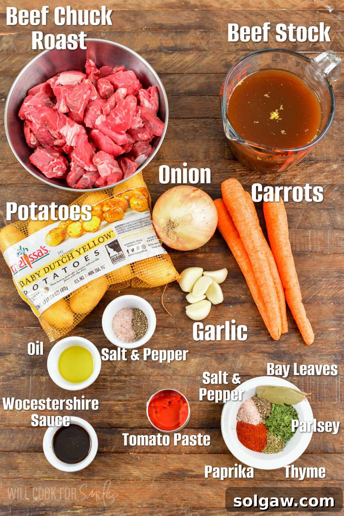 Labeled ingredients for beef stew including chuck roast, fingerling potatoes, carrots, onions, and various seasonings on a wooden surface.