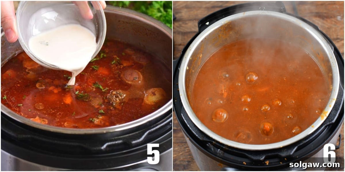 A two-panel collage showing cornstarch mixture being poured into beef stew and the thickened stew in an Instant Pot.