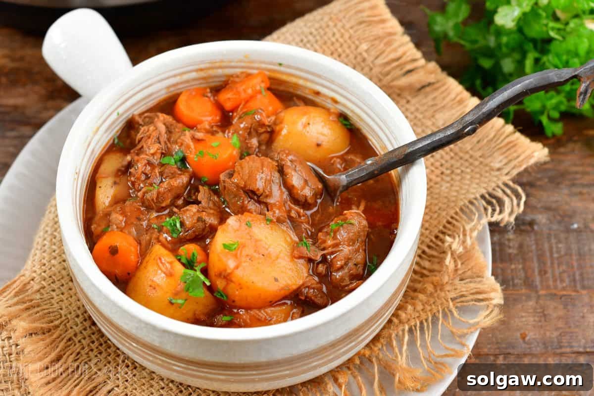 A bowl of Instant Pot Beef Stew with a fork, showcasing the tender beef and vegetables.