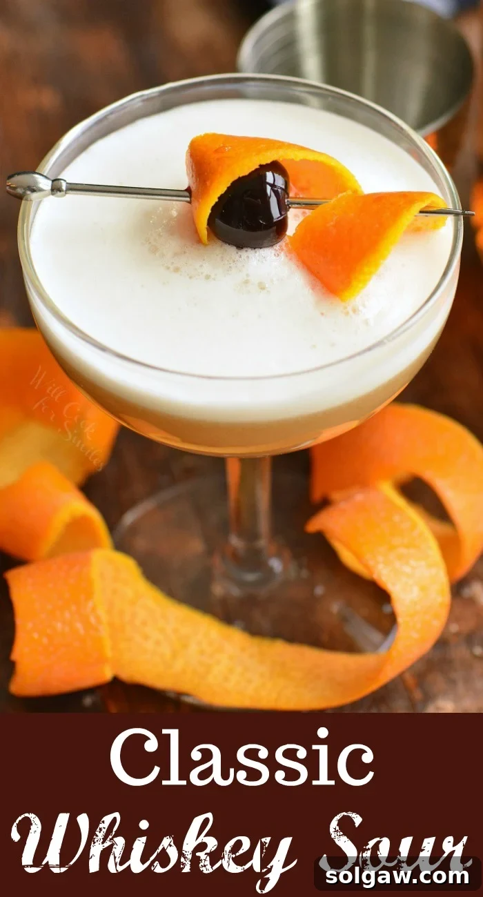 Whiskey Sour Two Takes 14 Small collage showing the Whiskey Sour cocktail in a glass from different angles.