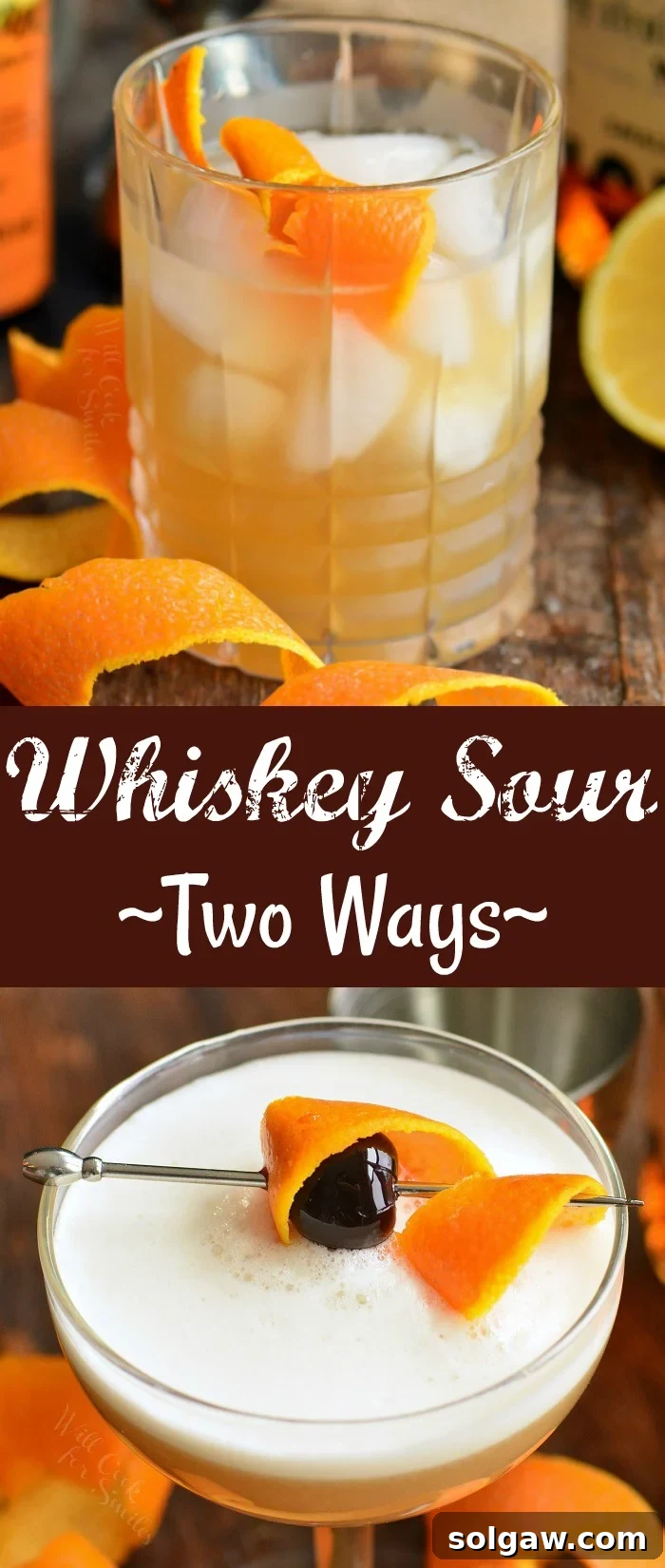 Whiskey Sour Two Takes 16 Collage of both Whiskey Sour cocktails, with and without egg white, showcasing their distinct appearances.