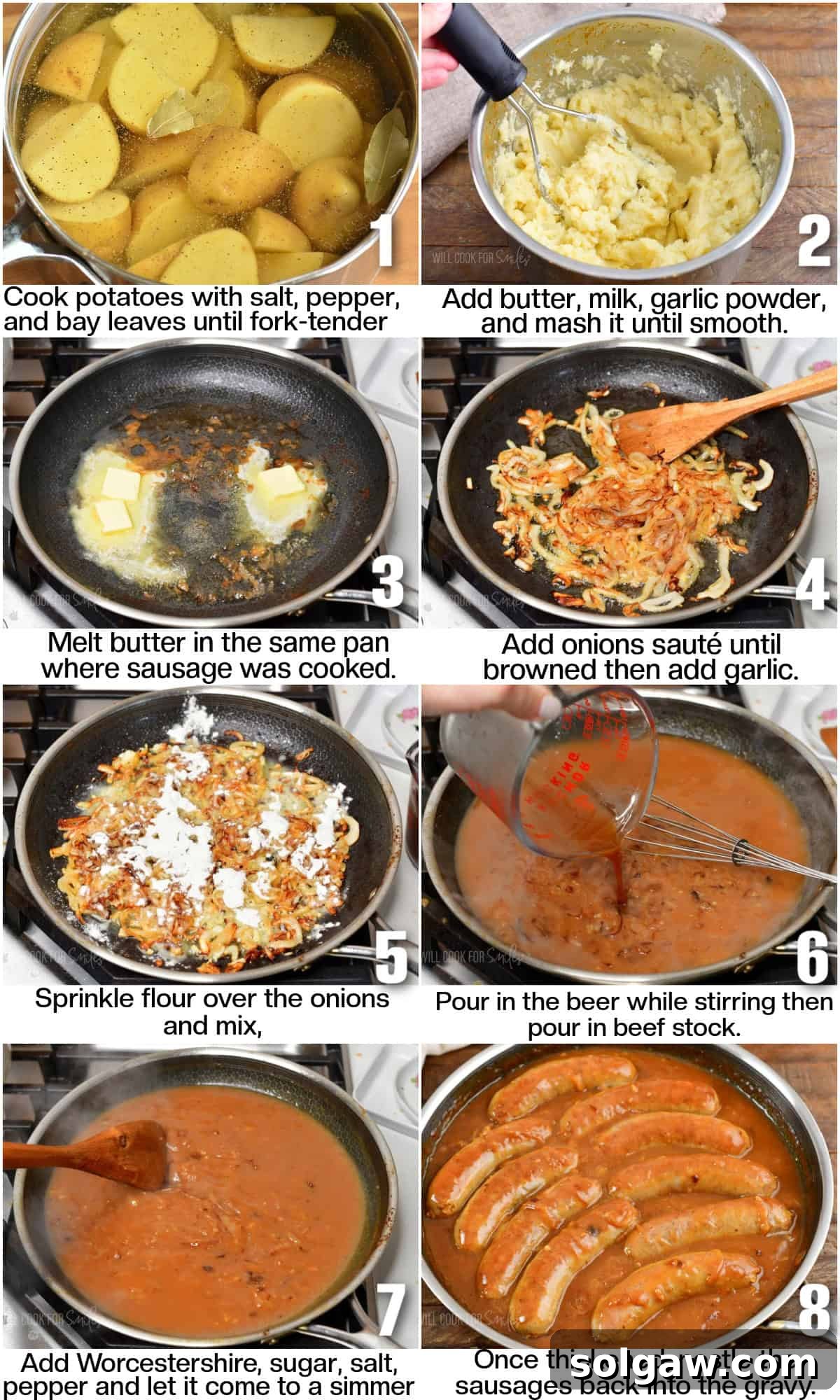 Onion Gravy Smothered Sausages and Mash 4 infographic of 8 images of cooking steps to make sausage with onion gravy and mashed potatoes.