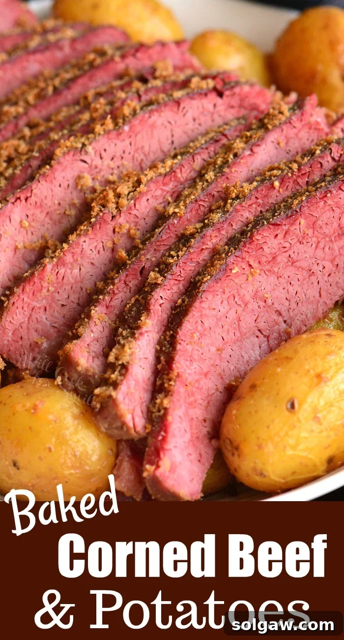 One-Pan Corned Beef with Crispy Potatoes 2 A short collage showcasing tender oven-baked corned beef brisket with baby gold potatoes, ready to be served on a plate.