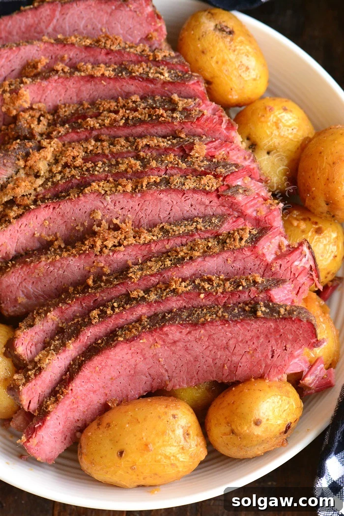 One-Pan Corned Beef with Crispy Potatoes 8 A stunning vertical view of a plated dish, featuring succulent slices of oven-baked corned beef brisket alongside perfectly roasted baby gold potatoes and caramelized onions.