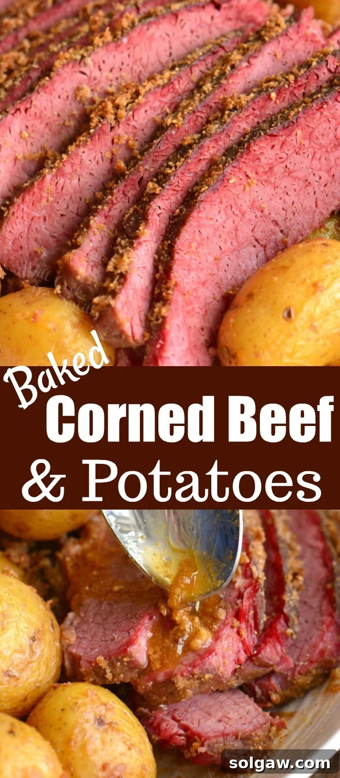 One-Pan Corned Beef with Crispy Potatoes 10 A wide, eye-level collage showcasing the full meal: tender corned beef brisket, golden baby potatoes, and caramelized onions, ready to be enjoyed.
