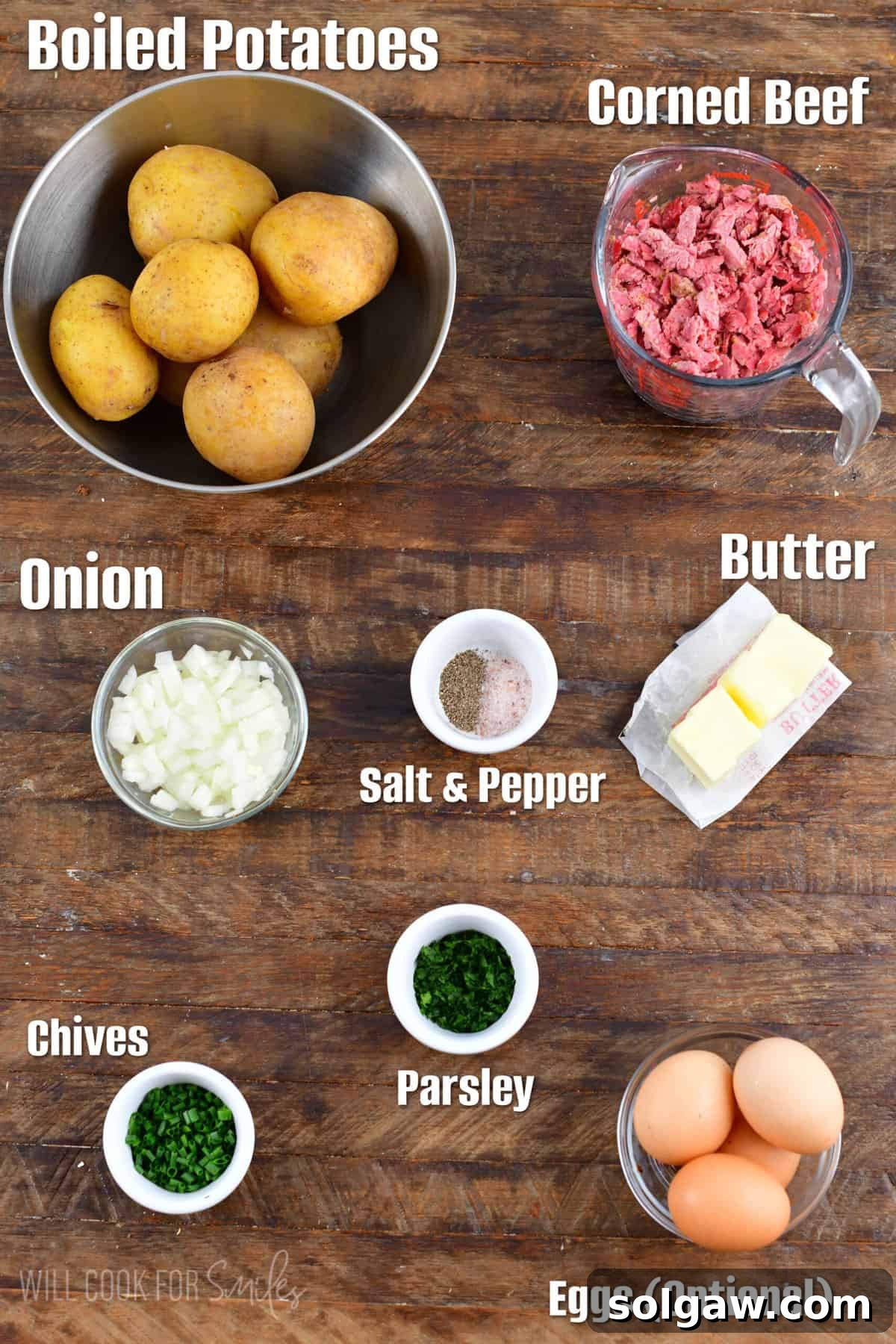 Labeled Corned beef hash ingredients on a wood surface.