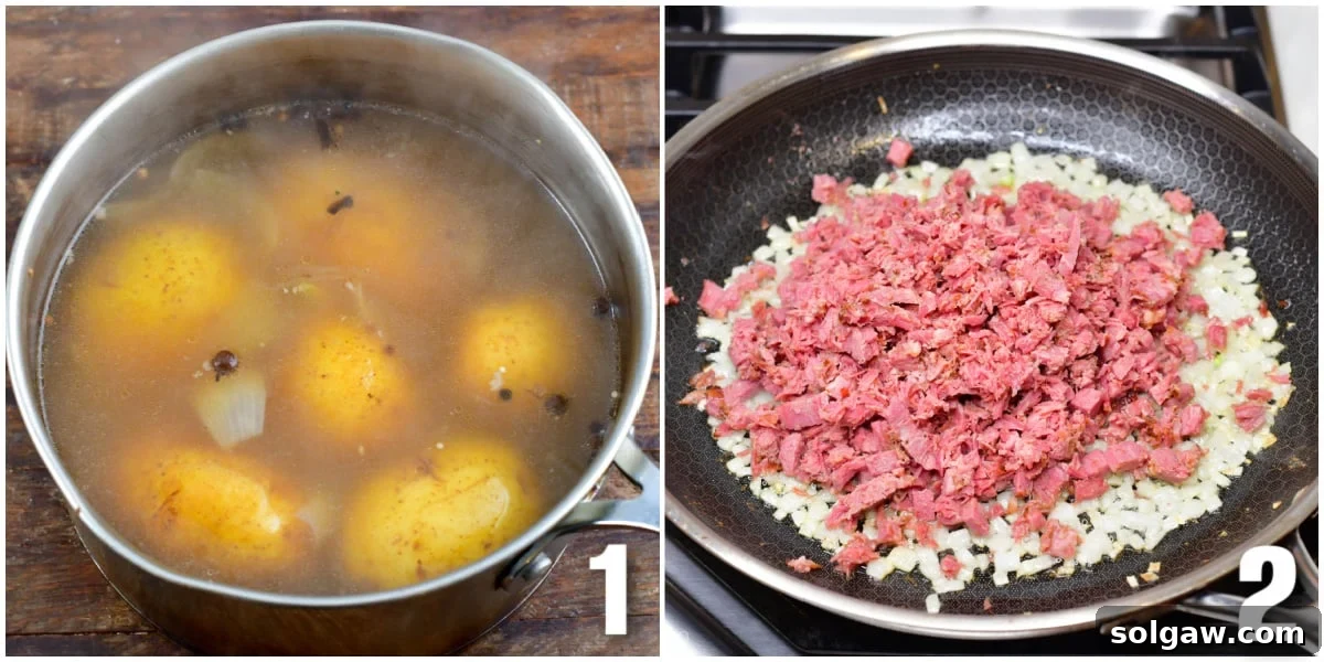 collage of two images one of cooking potatoes and one of corned beef in a pan.