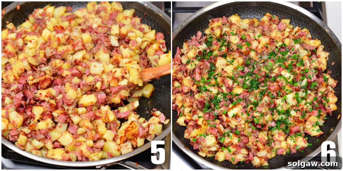 Collage of cooking potatoes and meats in a pan, adding parsley for garnish.