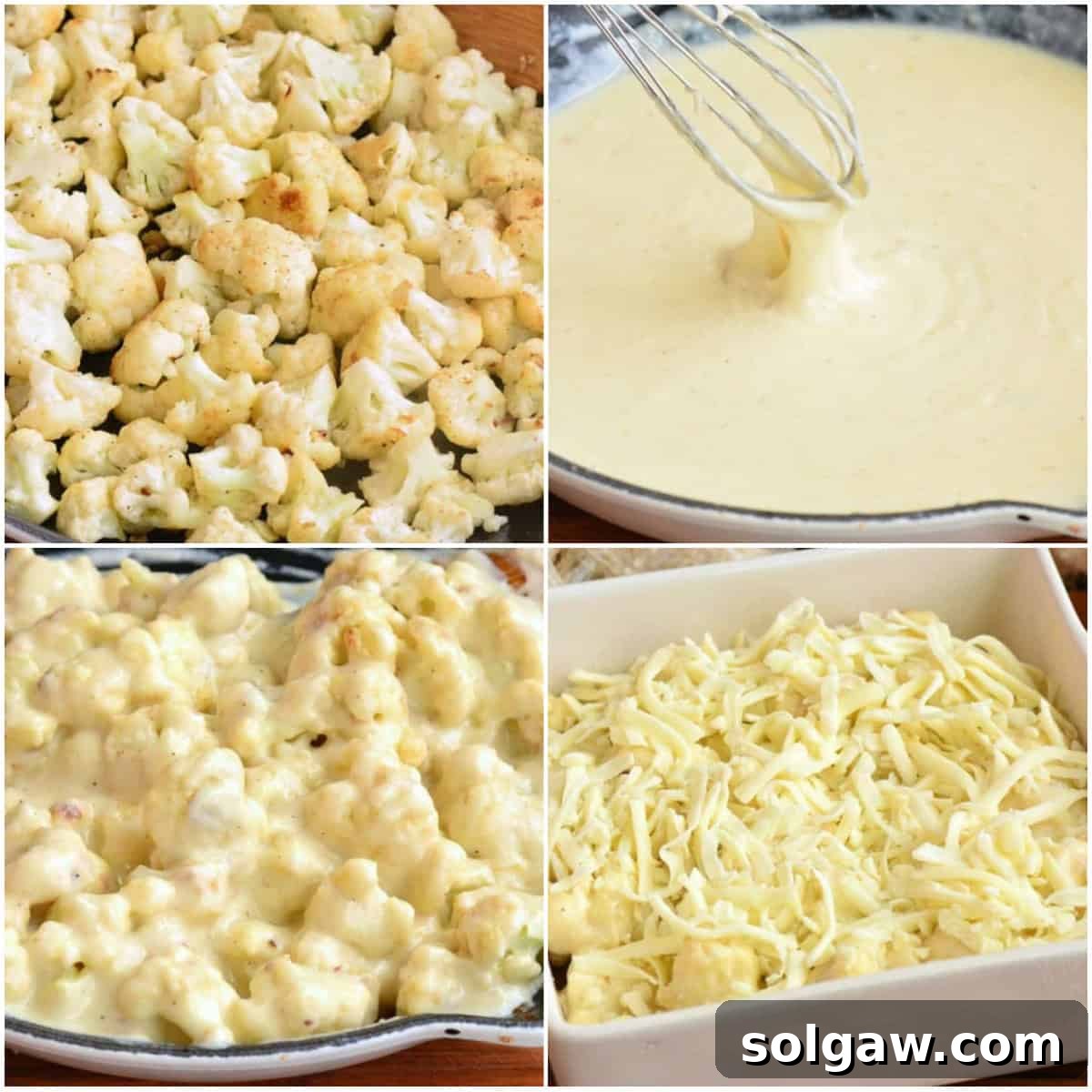 Creamy Cauli Mac 3 collage of four images of cooking steps to make cauliflower mac and cheese.