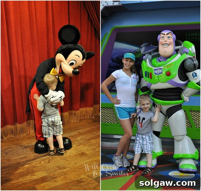 A vibrant collage showcasing various candid moments from a family trip to Disney World, featuring a young boy interacting with beloved characters, enjoying park attractions, and soaking in the magical atmosphere with his family, highlighting the joy of their adventure.