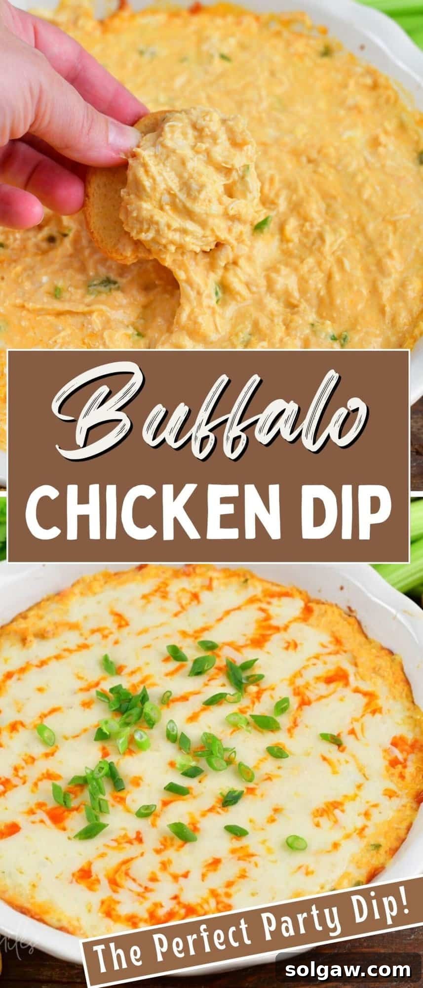 A collage of two images of Buffalo Chicken Dip with the recipe title.