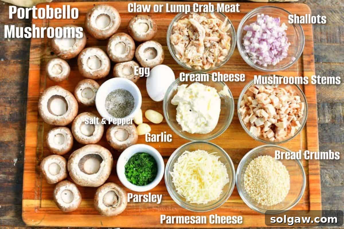 The ingredients for crab stuffed mushrooms are placed on a cutting board, showcasing fresh components like crab meat, mushrooms, cream cheese, and herbs.