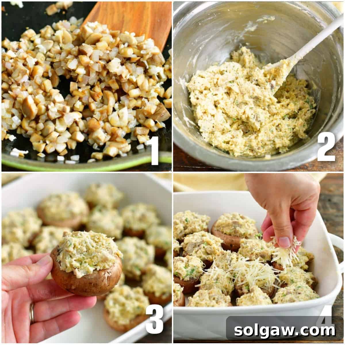 A four-image collage illustrating the step-by-step process of making crab stuffed mushrooms, including cooking vegetables, mixing the filling, and stuffing the mushroom caps.
