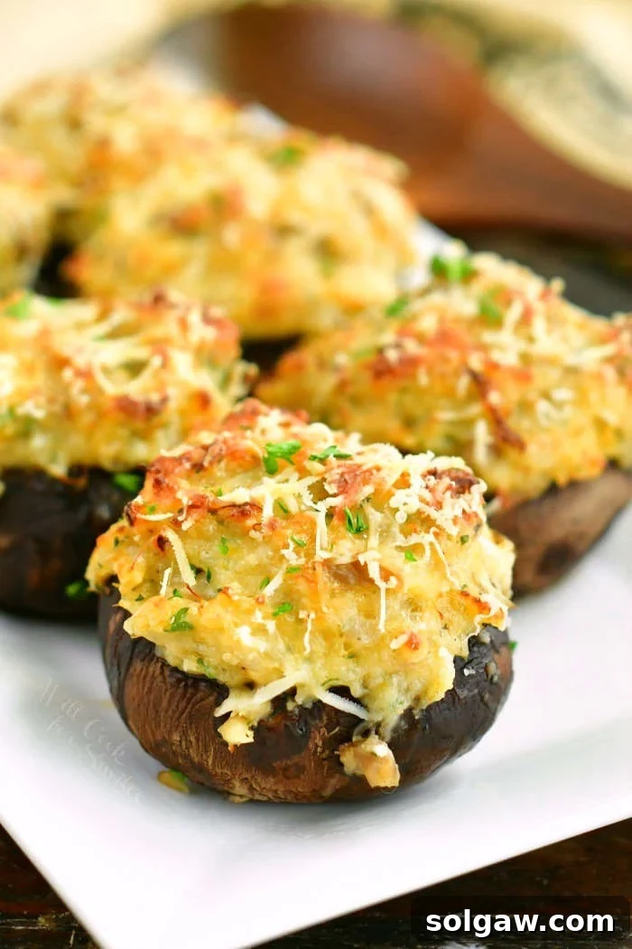 Closeup of perfectly golden-brown crab stuffed mushrooms on a white plate, ready to be served as an appetizer.