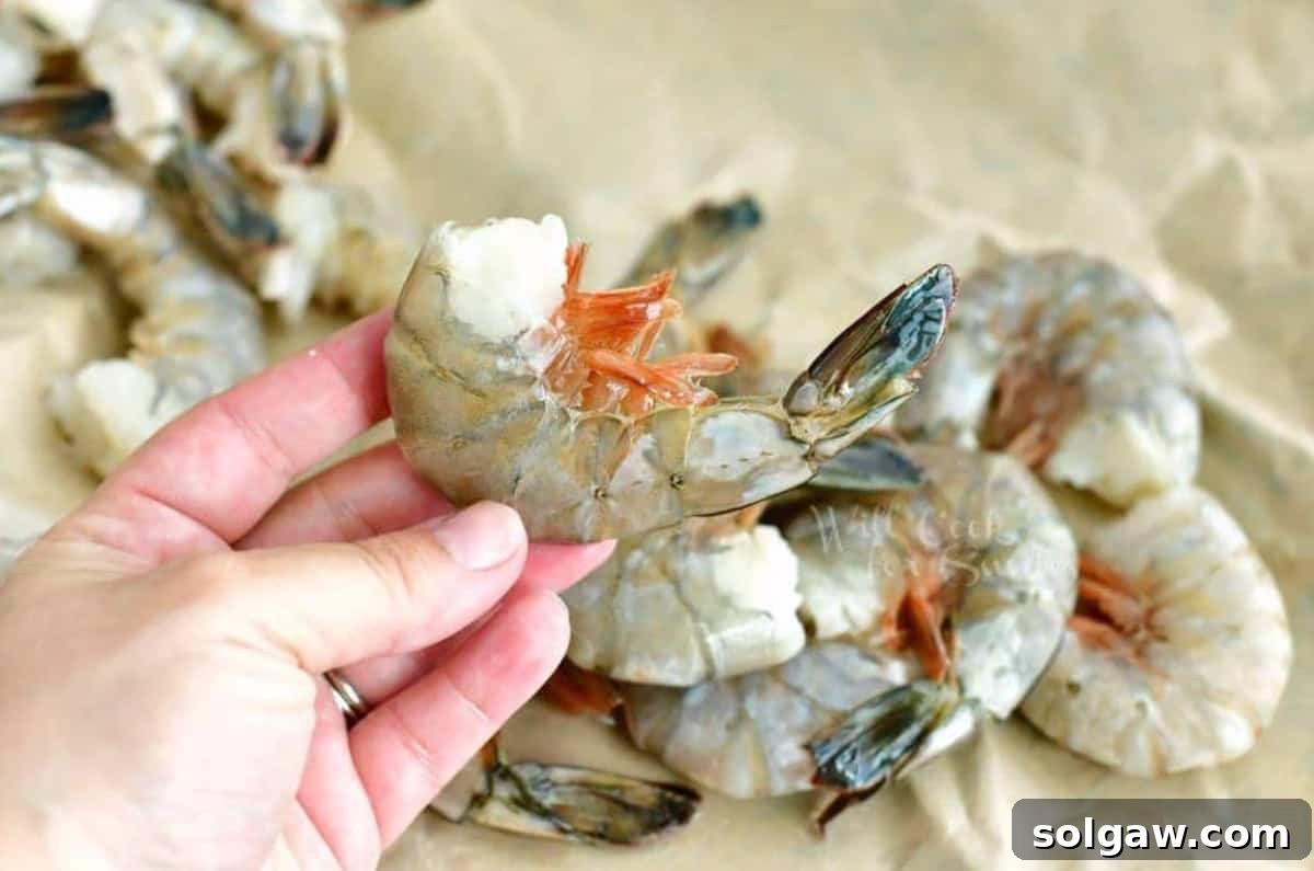 A hand holding a whole raw shrimp, with more shrimp visible on parchment paper in the background.