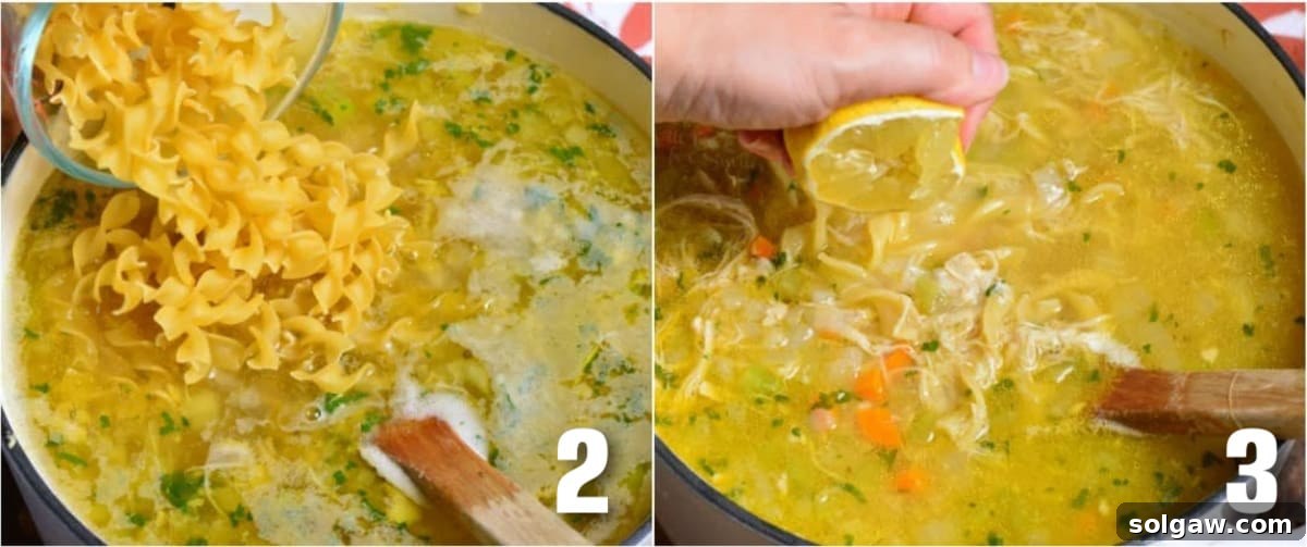 collage of two images on of noodles being added to pot and one of lemon being squeezed into the pot.