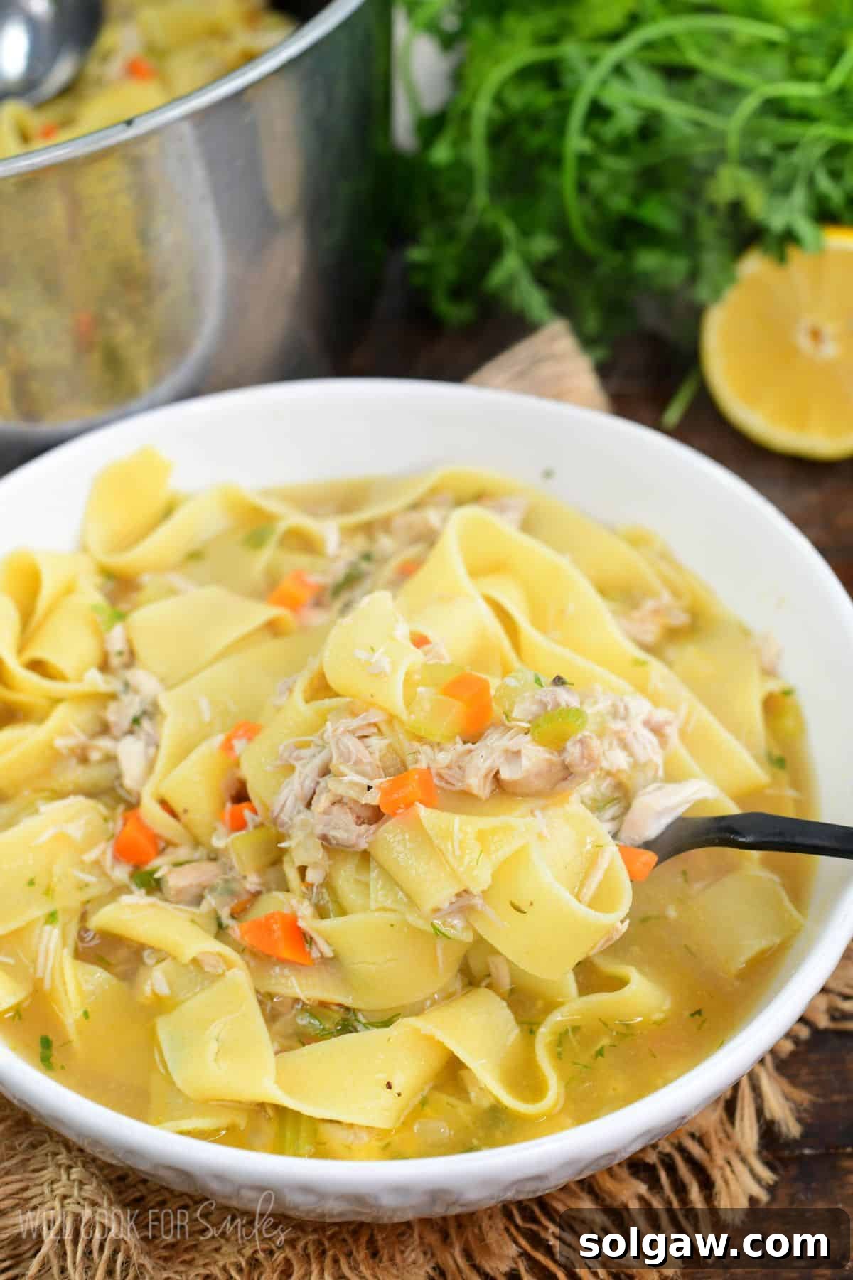 Spooning out warm homemade chicken noodle soup in a bowl with shredded chicken and vegetables.