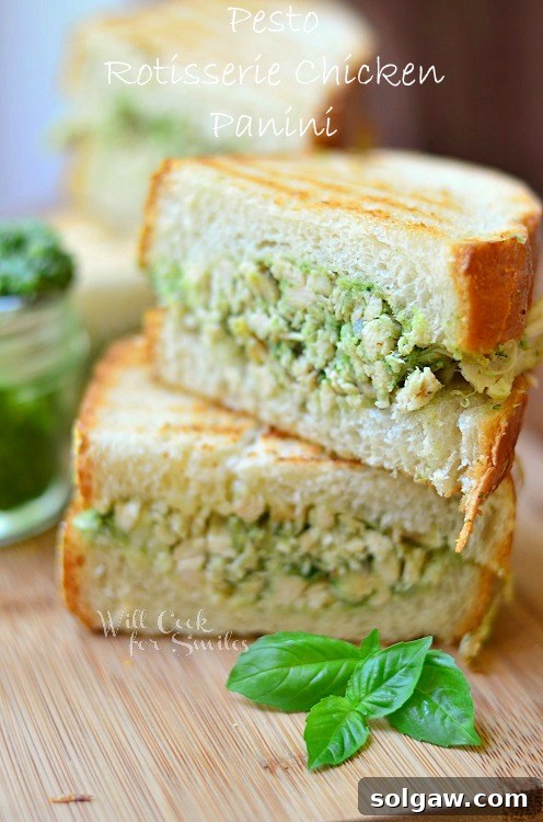 A complete Pesto Rotisserie Chicken Panini, golden brown and perfectly pressed.