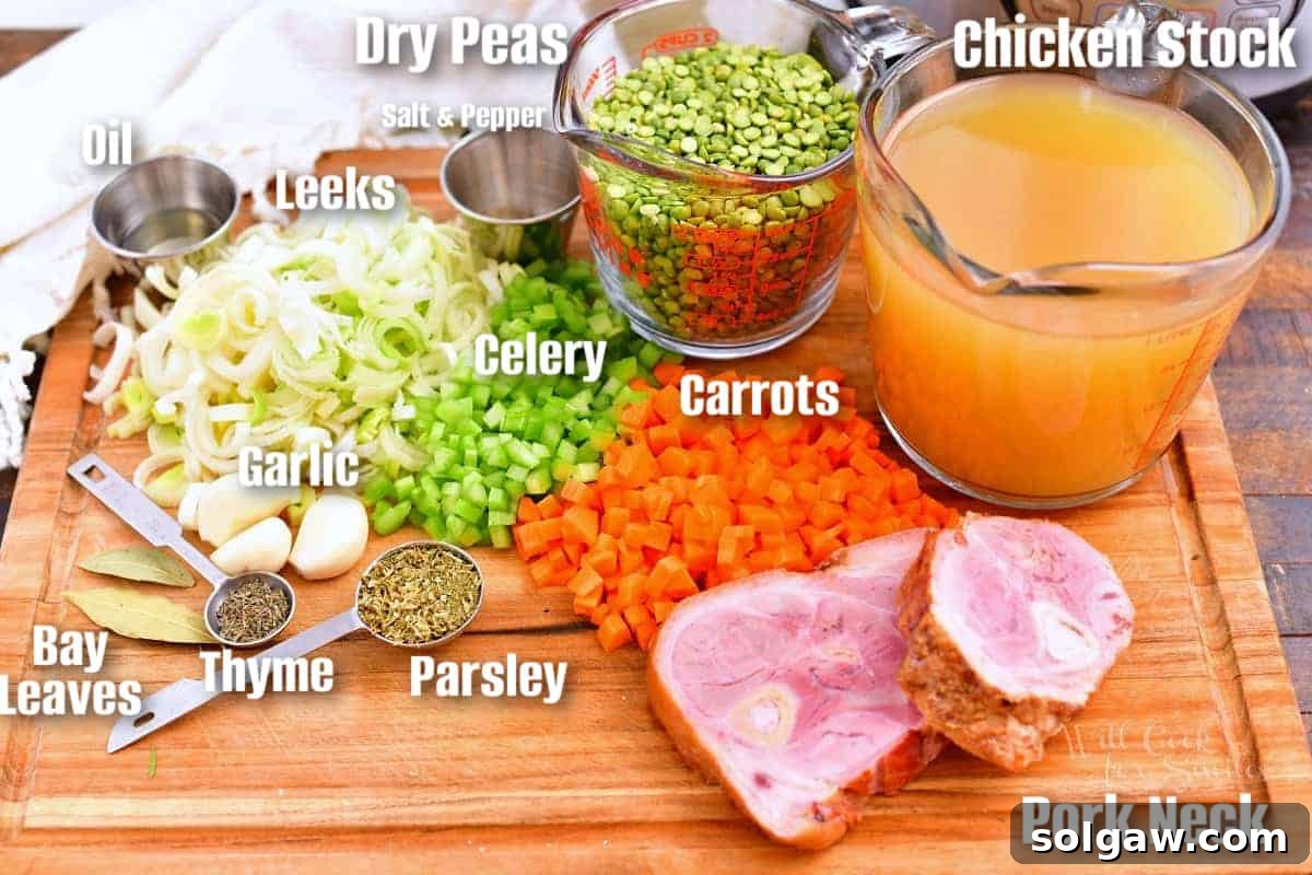 labeled ingredients to make split pea soup on a wooden cutting board.