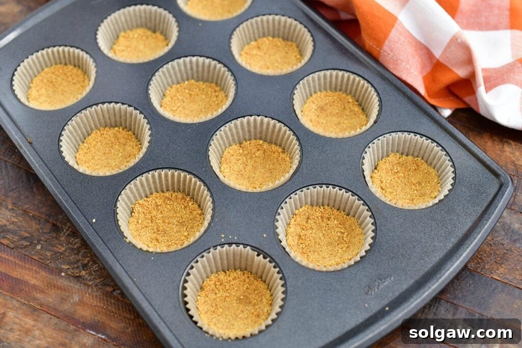 Spiced Apple Cheesecake Bites 4 graham cracker crumb crusts in paper lined muffin pan