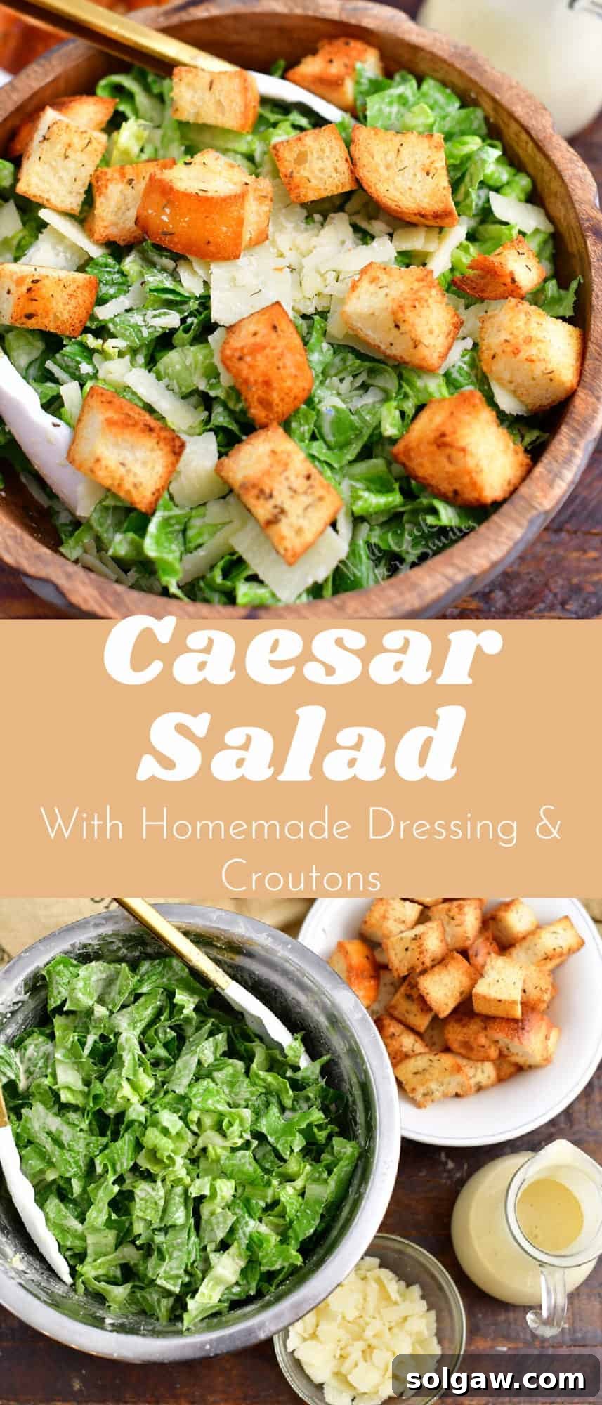 Titled Pinterest image: Caesar Salad with Homemade Dressing and Croutons, showcasing the fresh and delicious meal