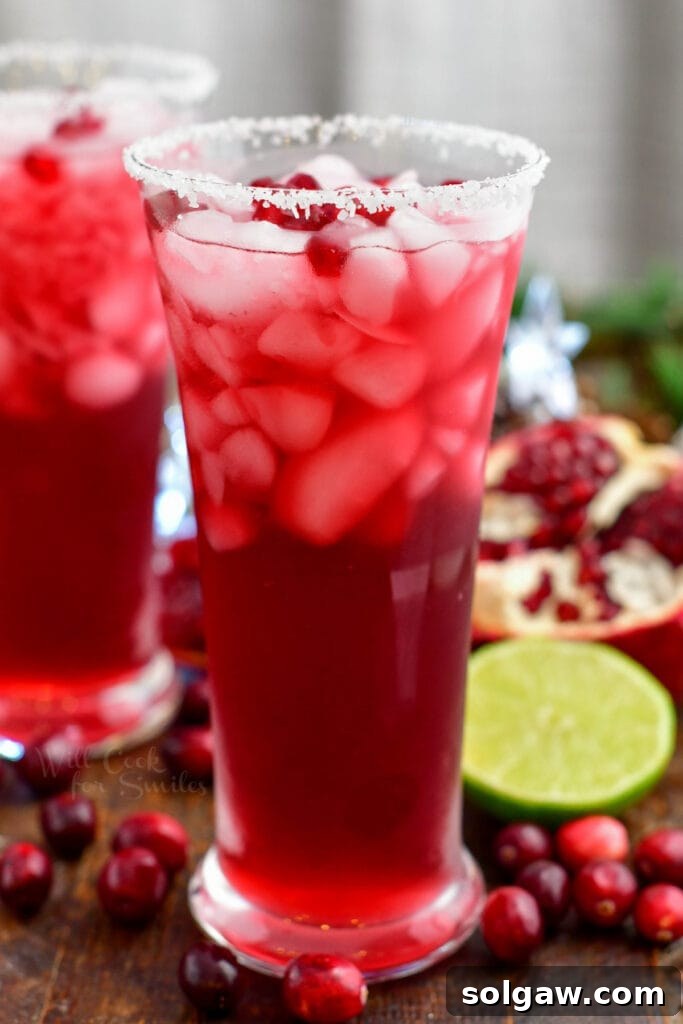 tall glass with margarita cocktail and pomegranate lime and cranberries around