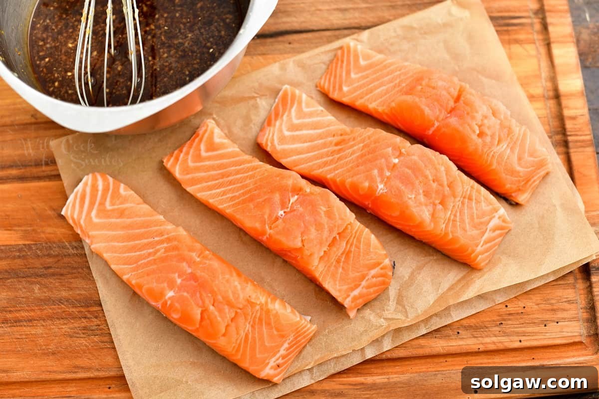 Sticky Sweet Teriyaki Salmon 3 raw salmon filets for pan seared salmon recipe
