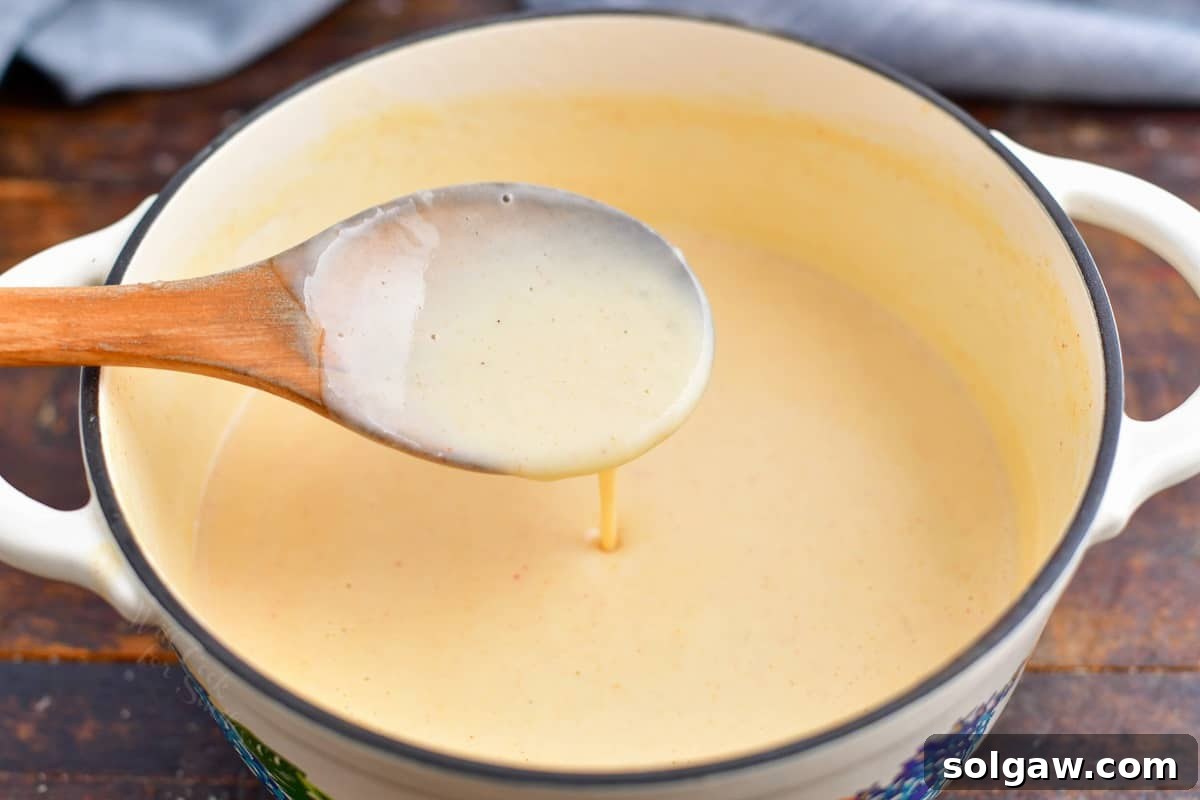 Craft Beer Mac and Cheese 5 beer cheese sauce on wooden spoon above saucepan