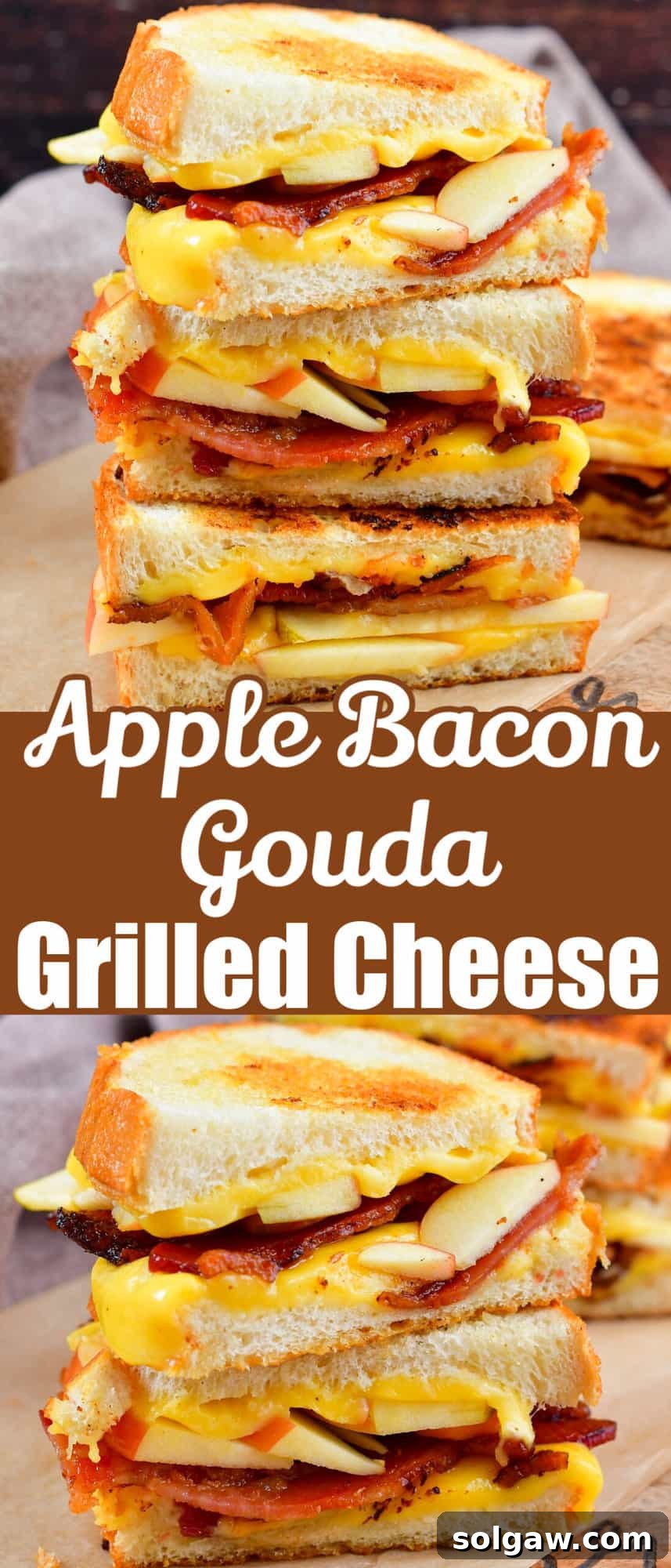 Collage of two close-up images of grilled cheese with bacon and apple, showing the detailed texture and melted cheese.