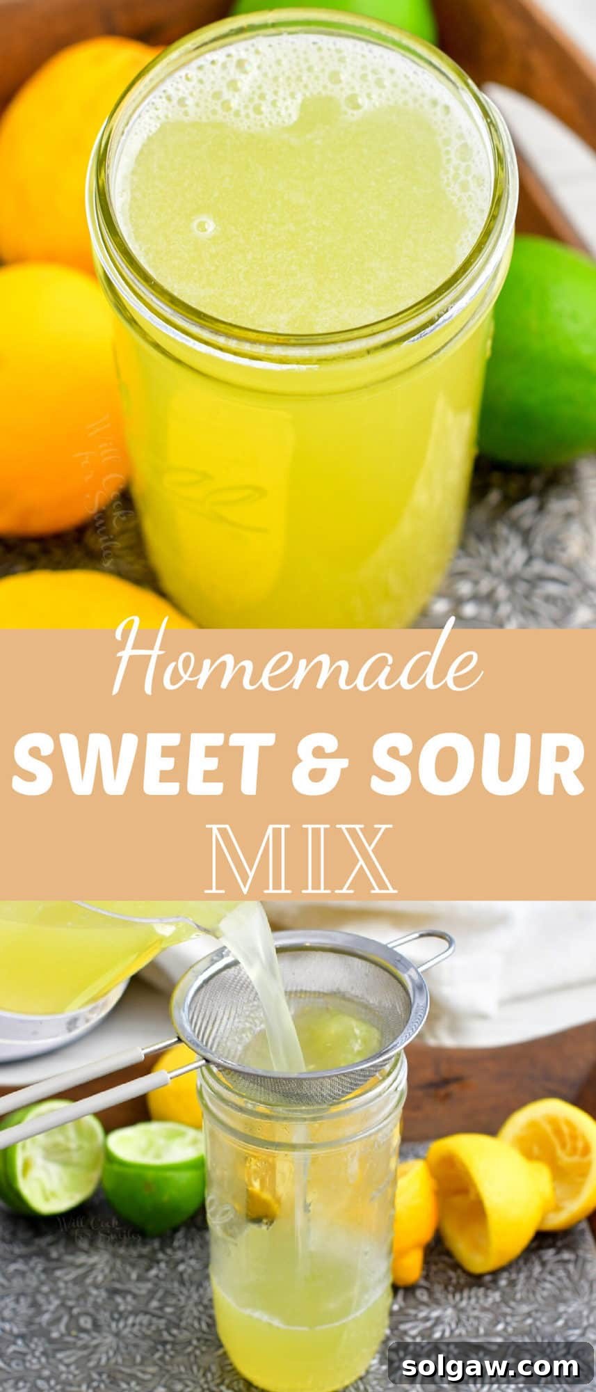 A vibrant collage featuring a glass jar of homemade sweet and sour mix, surrounded by fresh lemons and limes, with a cocktail glass filled with a drink made using the mix, inviting viewers to create their own.