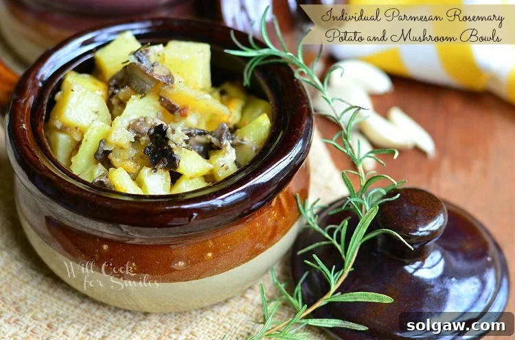 Rustic Rosemary Potato Mushroom Parmesan Bowls 6 Parmesan Rosemary Potato and Mushroom Bowls in a brown bowl