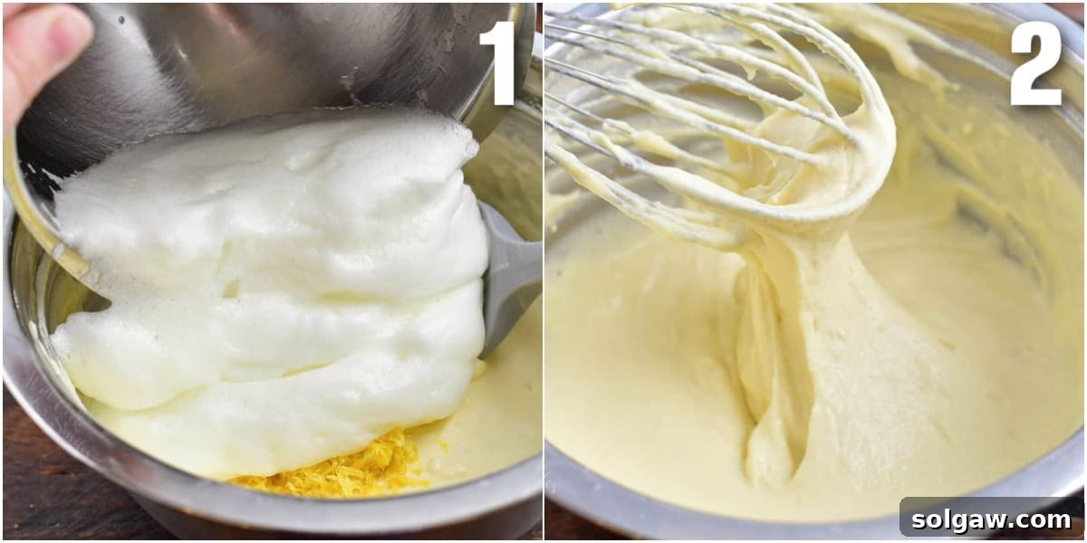 Cloud-Like Ricotta Pancakes 4 collage of two images of adding whisked egg whites to a bowl and mixing batter.