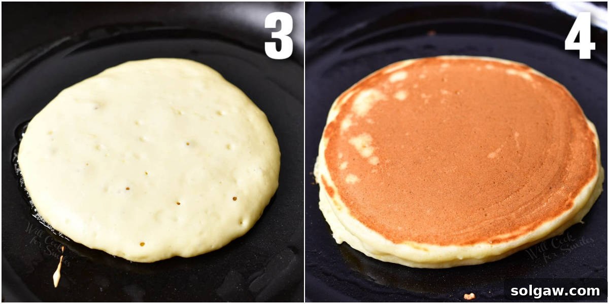 Cloud-Like Ricotta Pancakes 5 two image collage of a pancake in the pan before and after flipping.