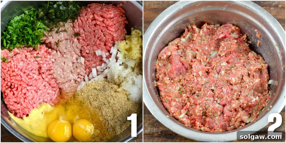 Collage of two images: ingredients for meatloaf in a bowl before mixing, and the perfectly mixed meatloaf mixture ready for the pan.