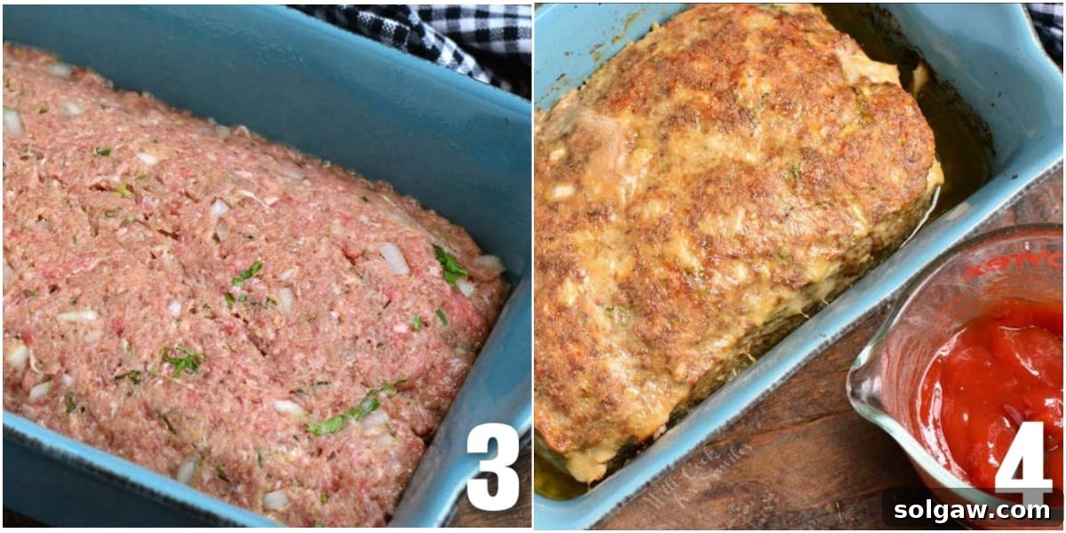 Collage of two images: the meat mixture evenly spread in the baking pan, and the meatloaf after its initial bake, golden brown.