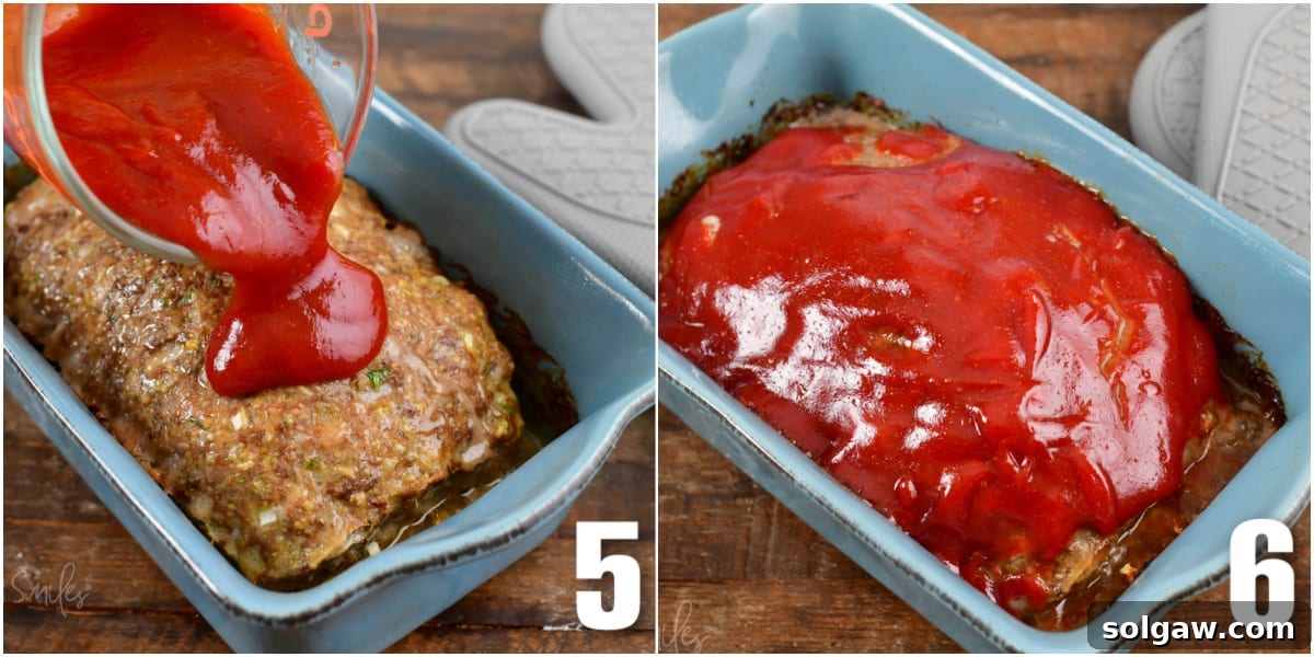 Collage of two images: applying the glossy ketchup glaze onto the partially baked meatloaf, and the final baked meatloaf with a perfectly caramelized topping.