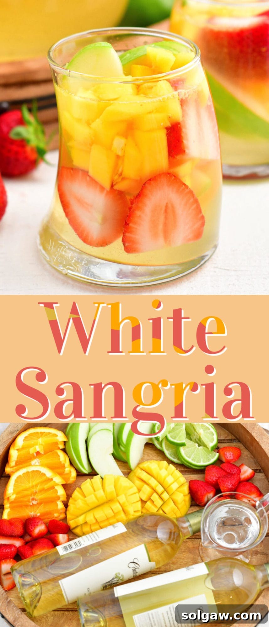 Summer's Perfect White Sangria 9 A large, beautifully garnished pitcher of white sangria sits invitingly, ready to be served at a summer celebration.