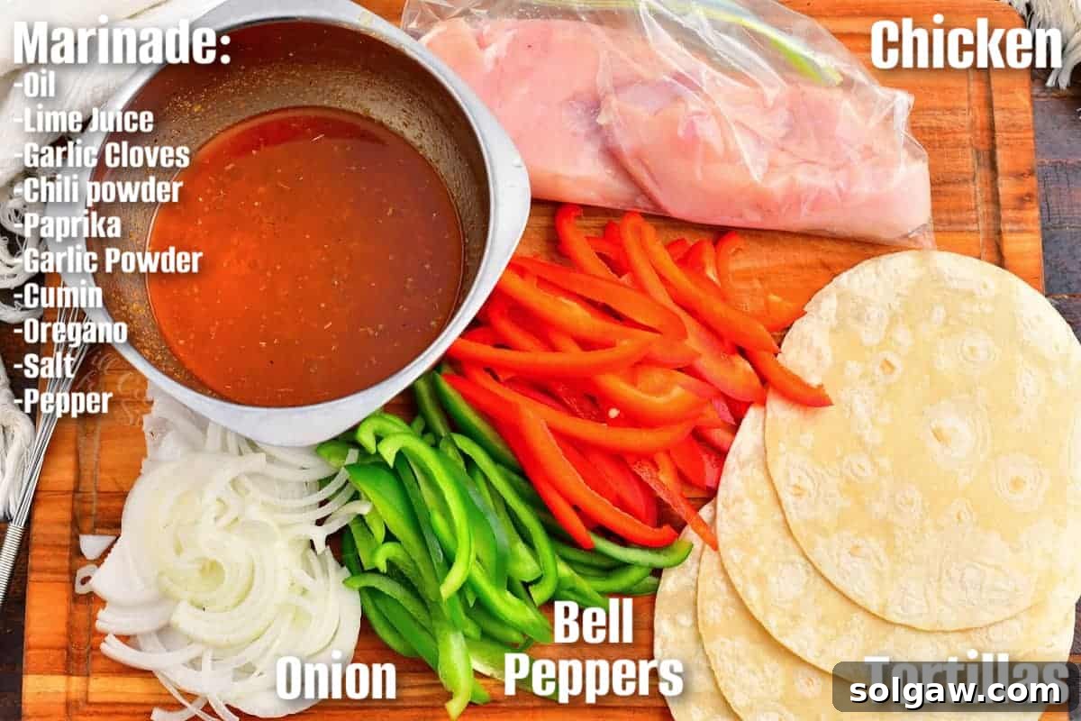 Sizzling Chicken Fajitas 3 Assortment of fresh ingredients including chicken breasts, bell peppers, onion, and marinade components on a cutting board.