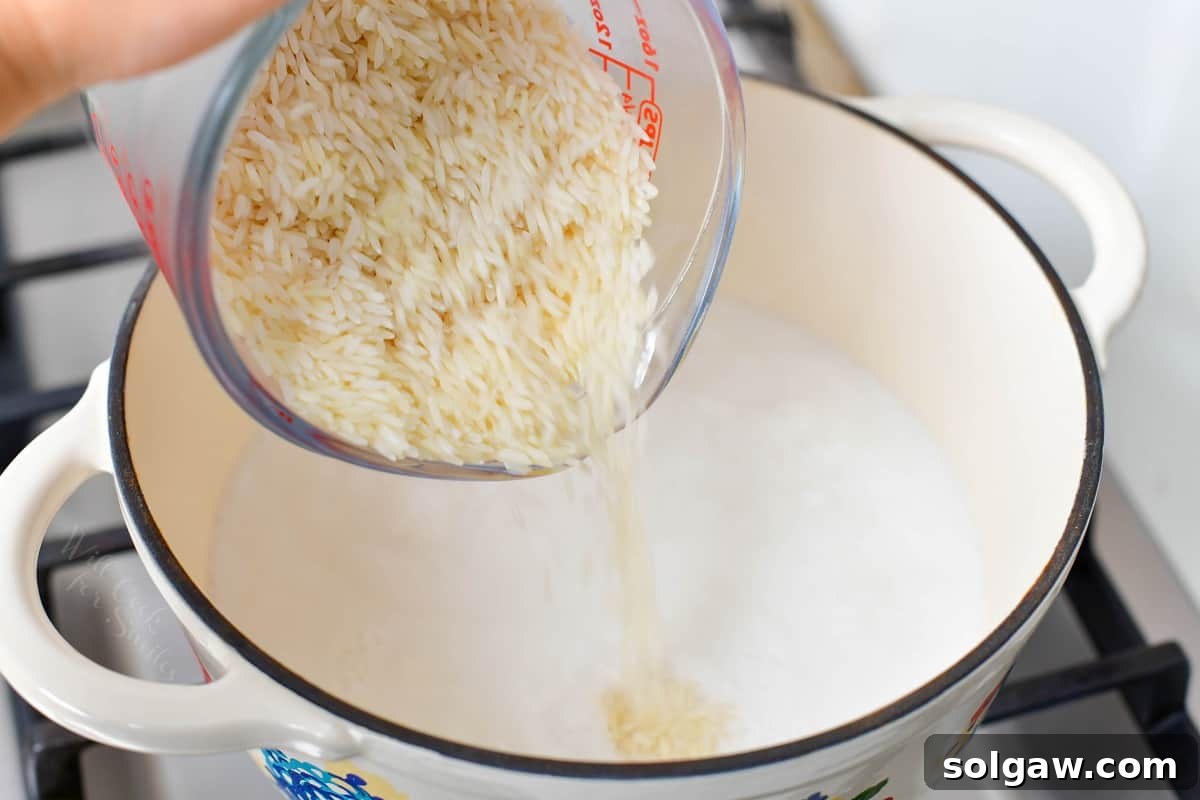 Fragrant Coconut Rice 5 Rinsed jasmine rice is carefully added to the boiling coconut mixture in the pot.