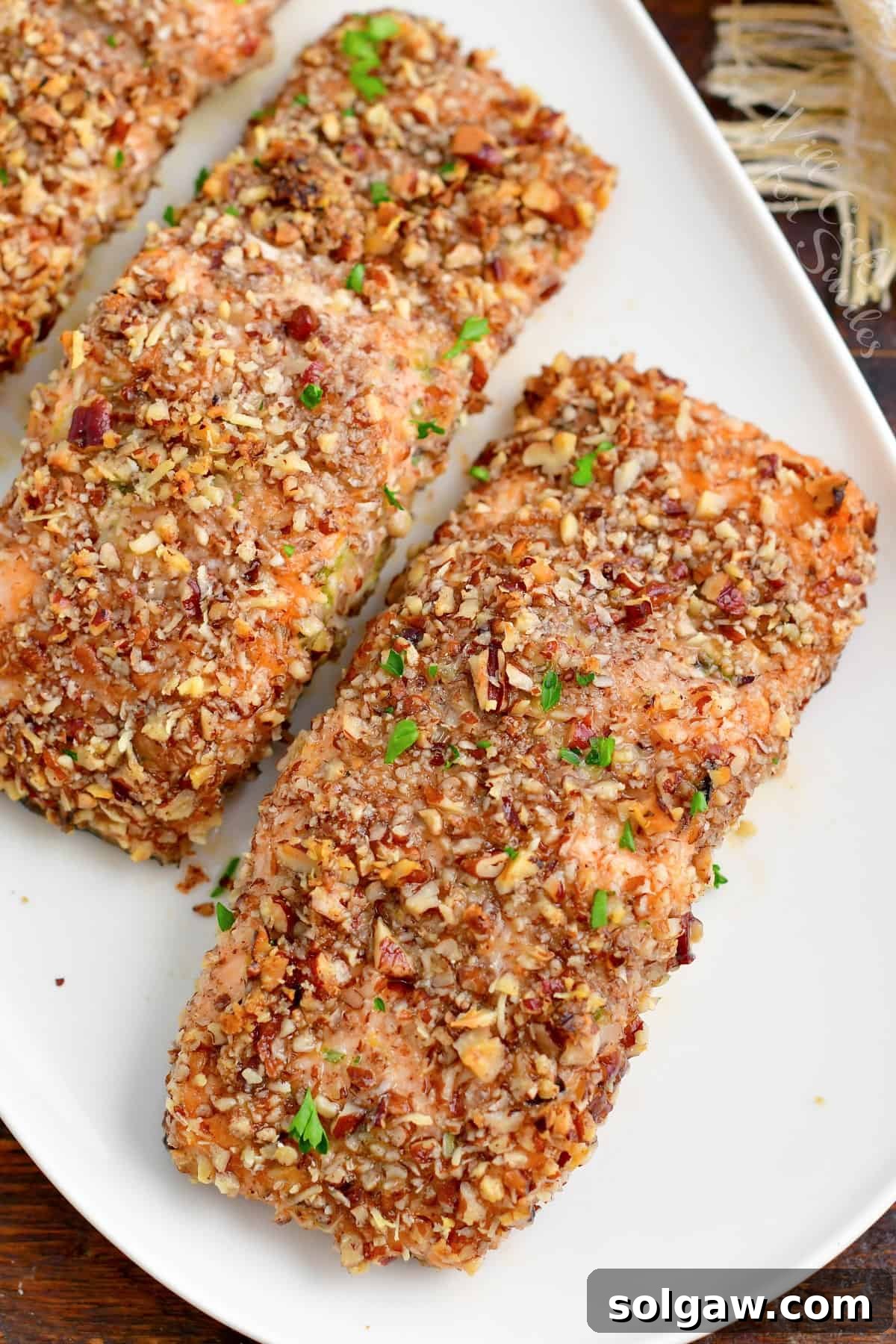 Three perfectly baked pecan crusted salmon fillets are beautifully arranged on a white plate, ready for a delicious meal.