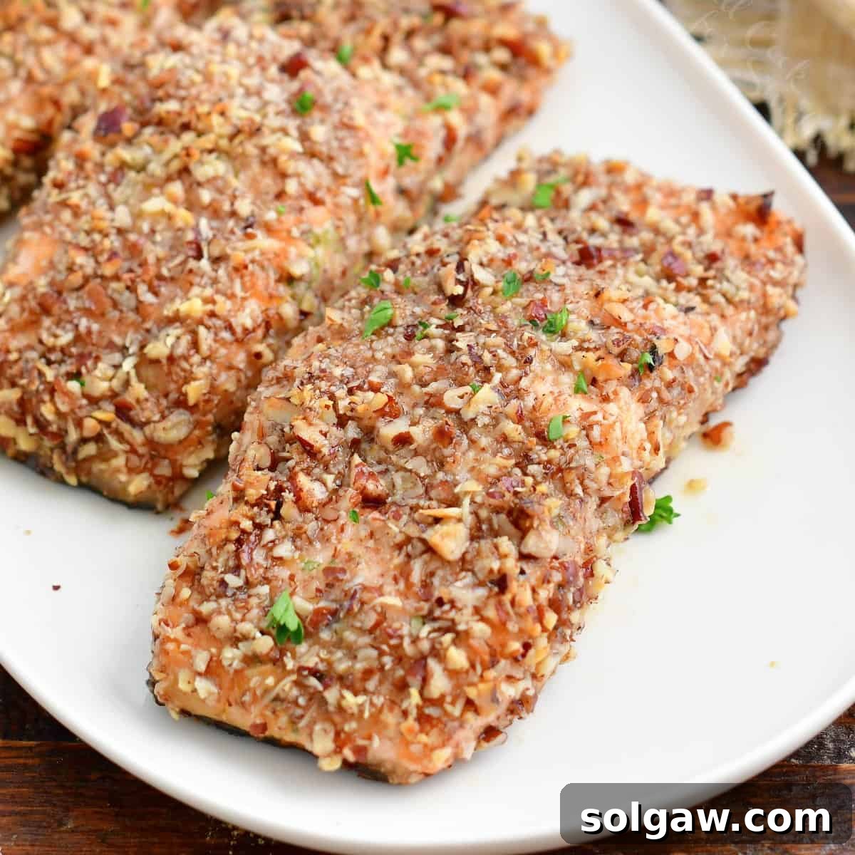 Squared off closeup of baked crusted salmon on a white plate, highlighting the crispy pecan crust.