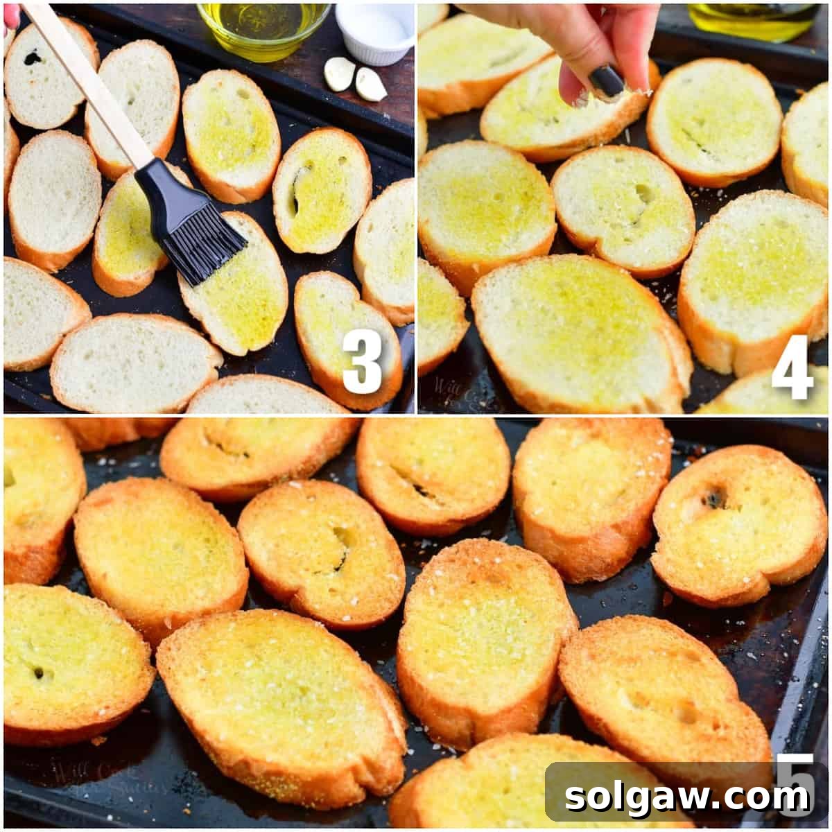 Collage of three images: brushing oil on bread, adding salt, and toasted bread.