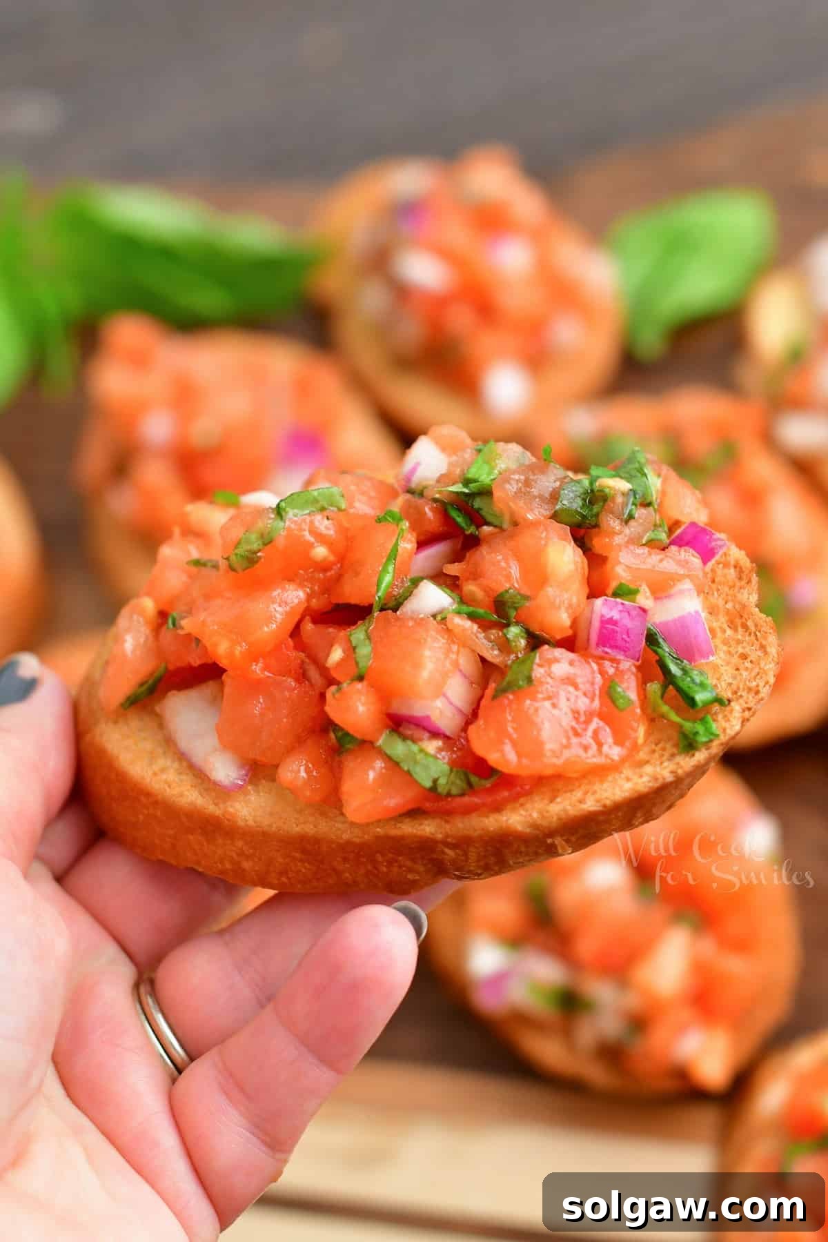 Close-up of freshly made bruschetta with blurred background