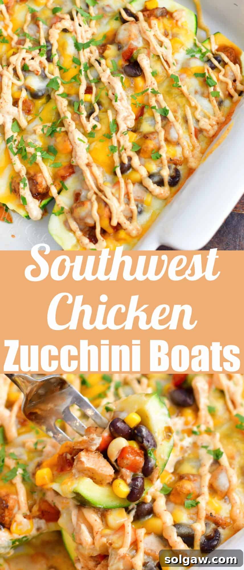 Zesty Southwest Chicken Zucchini Boats 14 A collage of two images, showing Southwest Chicken Zucchini Boats in a baking dish, with the title superimposed.