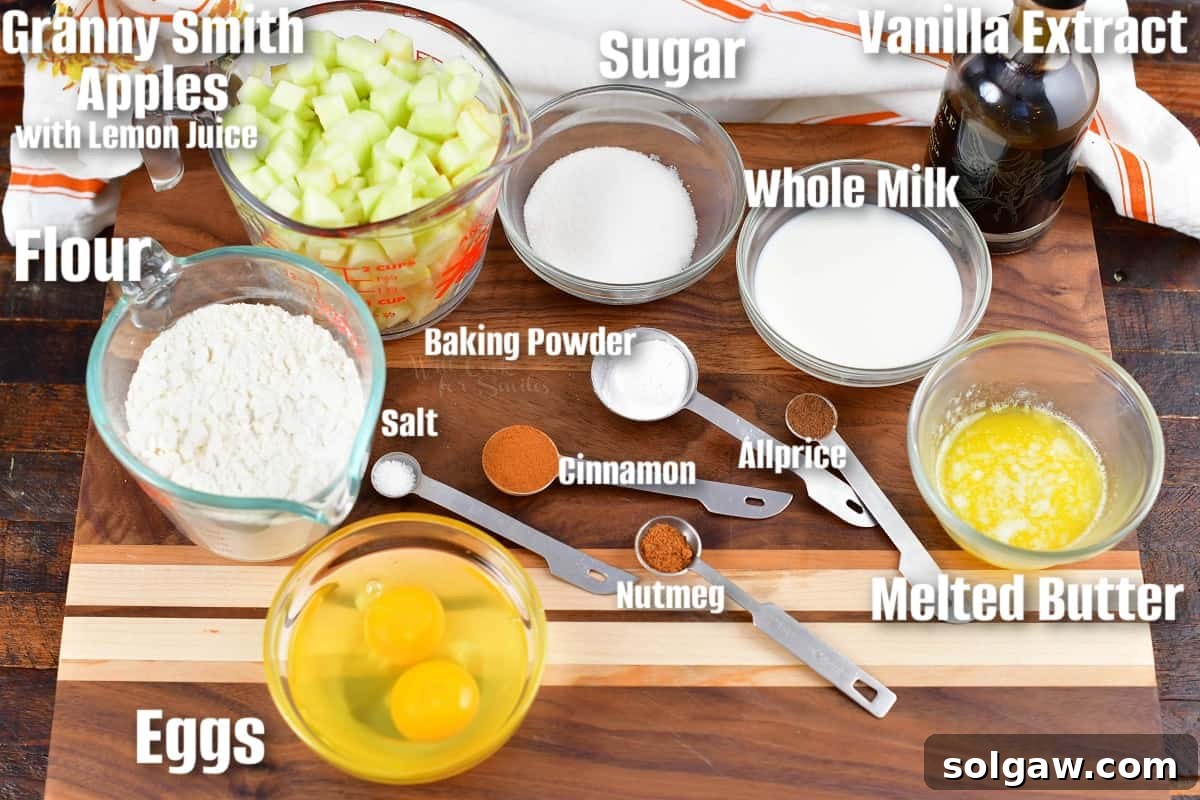 Golden Apple Delights 3 Labeled ingredients for making apple fritters laid out on a cutting board.