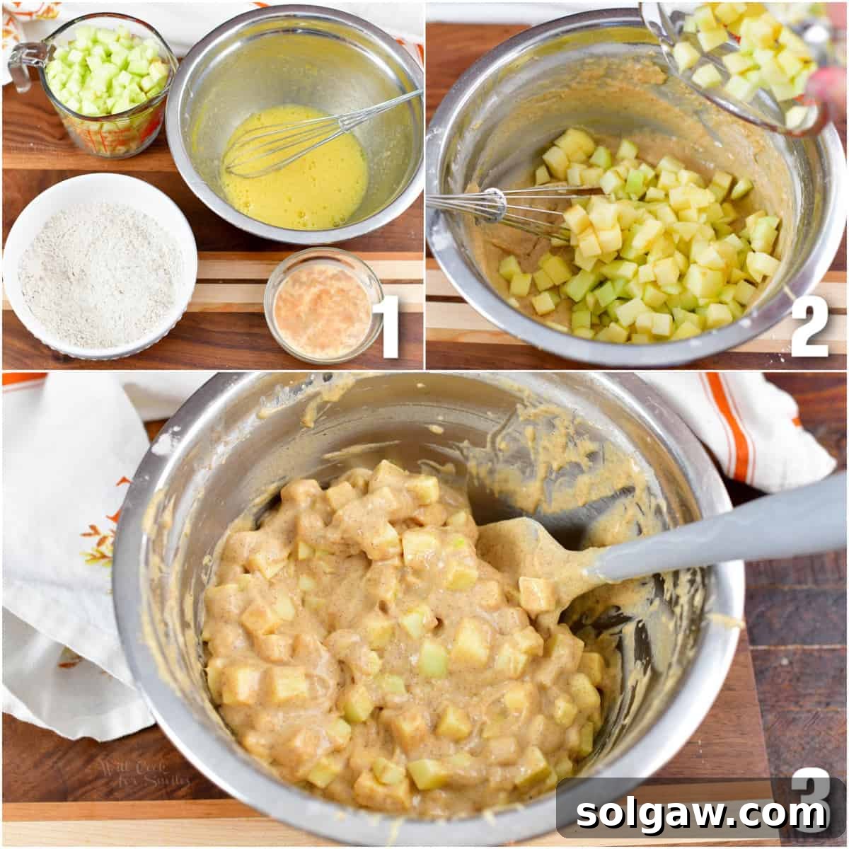 Golden Apple Delights 4 Collage of three images showing the preparation of apple fritter dough.