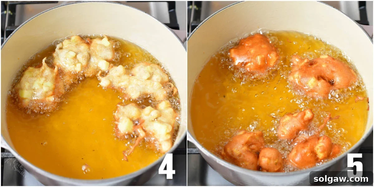 Golden Apple Delights 5 Collage of two images showing apple fritters frying in a Dutch oven.